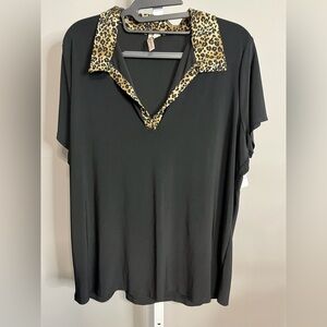 Susan Lawrence Black Top with Leopard Print Collar